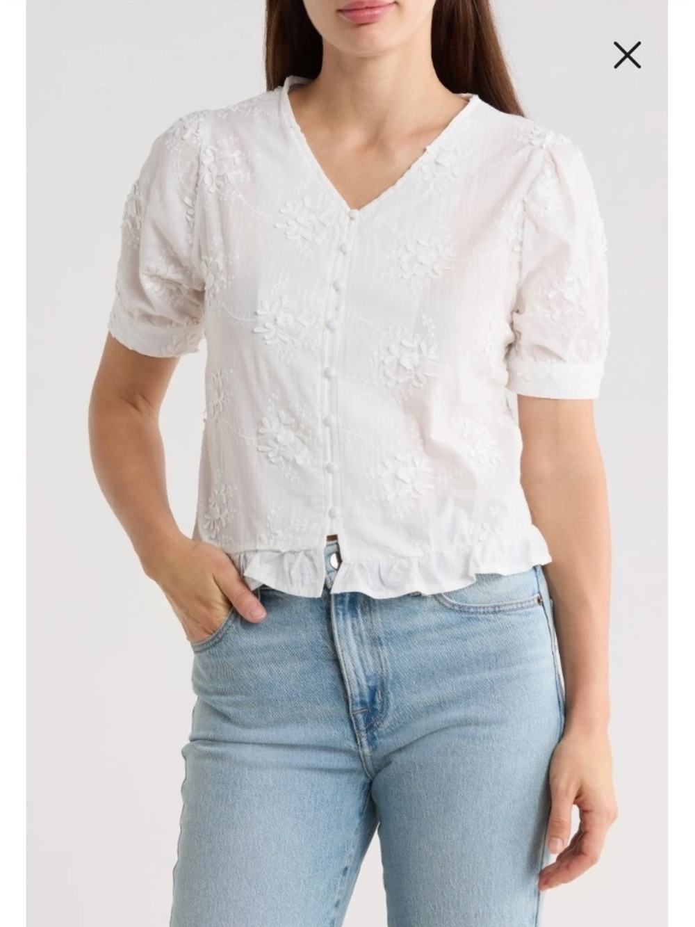 White Embroidered V-Neck Button-Front Blouse 100% Cotton